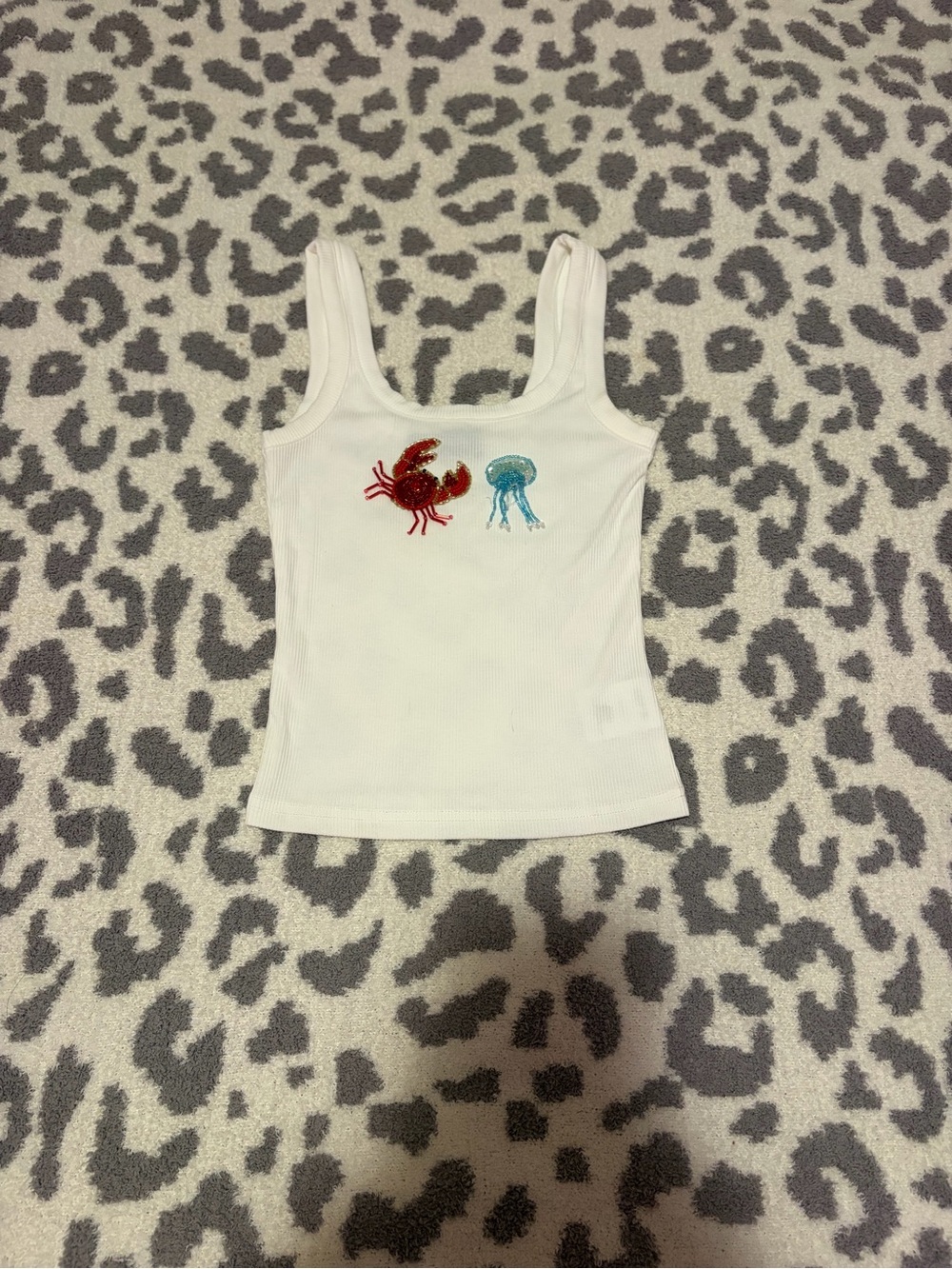 White Fox Boutique White Ribbed Tank with Red Crab and Blue Jellyfish